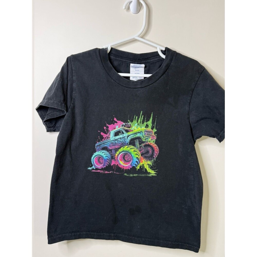 Black Kids' Monster Truck Graphic Tee - Neon Print. Perfect for monster jam YXS